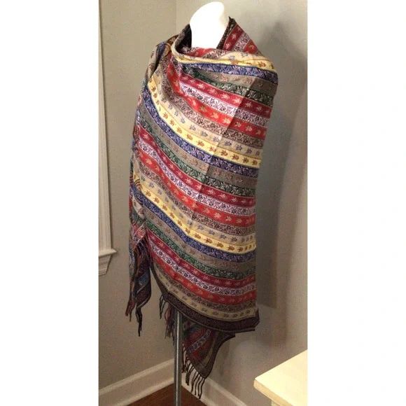 Colorful Striped Shawl/Wrap with Fringe Size 80 inches long by 40 inches wide - Picture 6 of 6